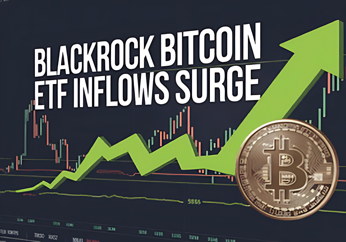 Line chart showing surge in Bitcoin ETF inflows by BlackRock over time with Bitcoin icon and financial charts.