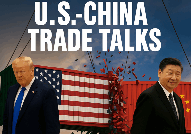 Bitcoin and Ethereum prices flat while Hang Seng Index shows upward curve, with trade negotiation imagery.